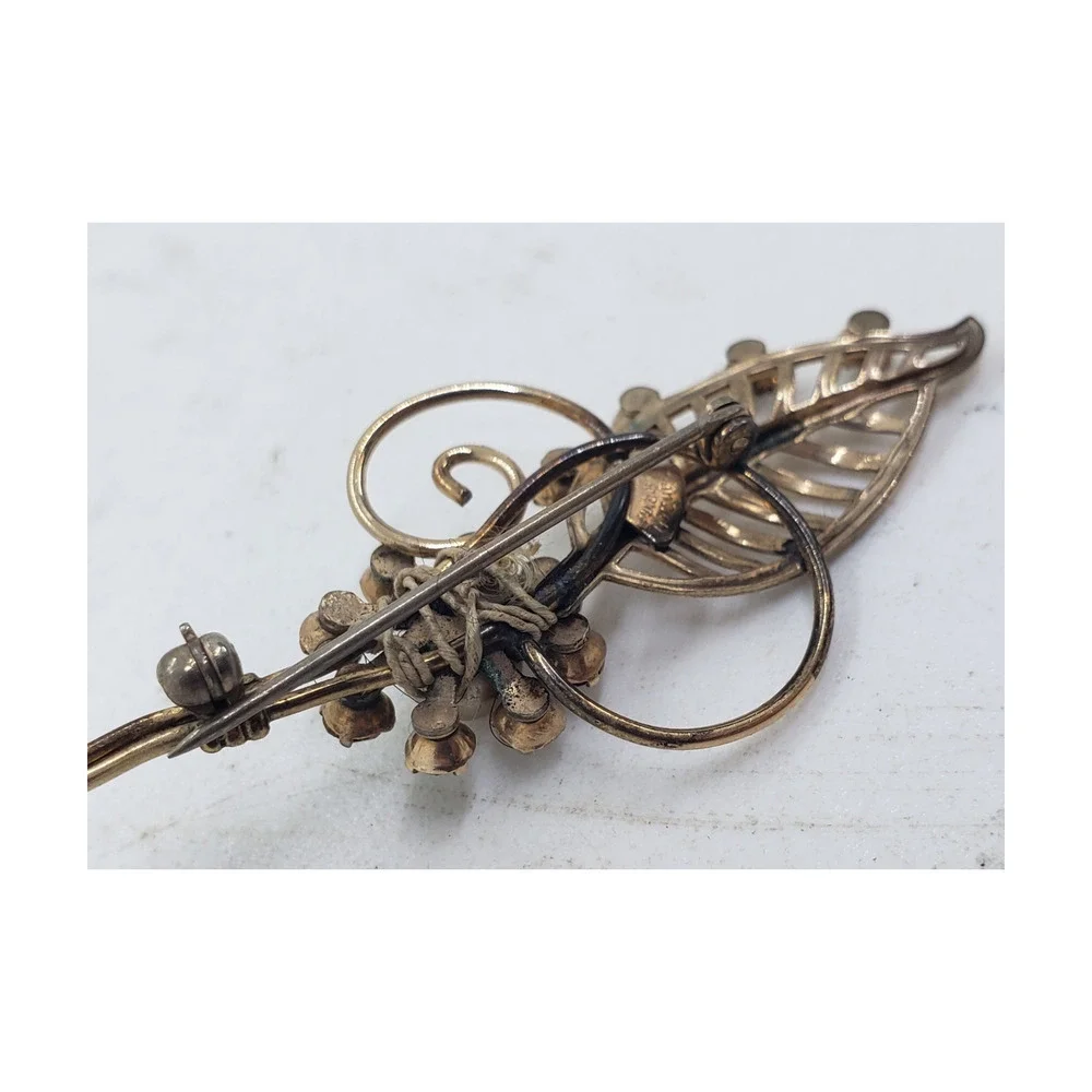 Vintage Van Dell 1/20 12K GF Gold Filled Rhinestone Pearl Leaf Floral Brooch Pin